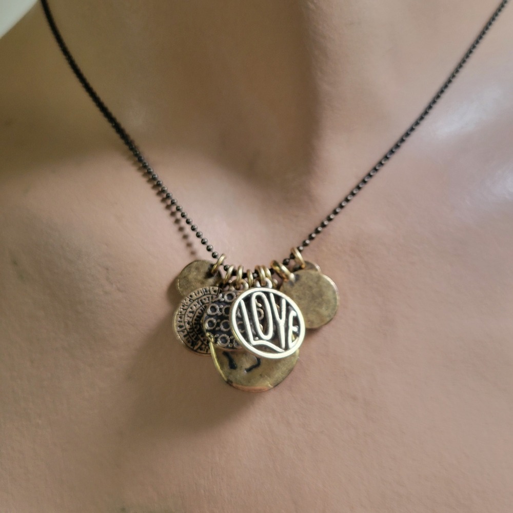 Lucky Brand Boho Mixed Coin Charm Love Necklace Brass Gold Tone 18"
